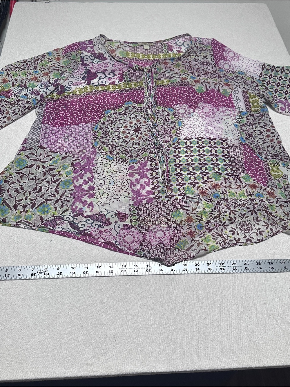 ONE WORLD 3X Purple Patchwork Print See-through tunic with floral accents